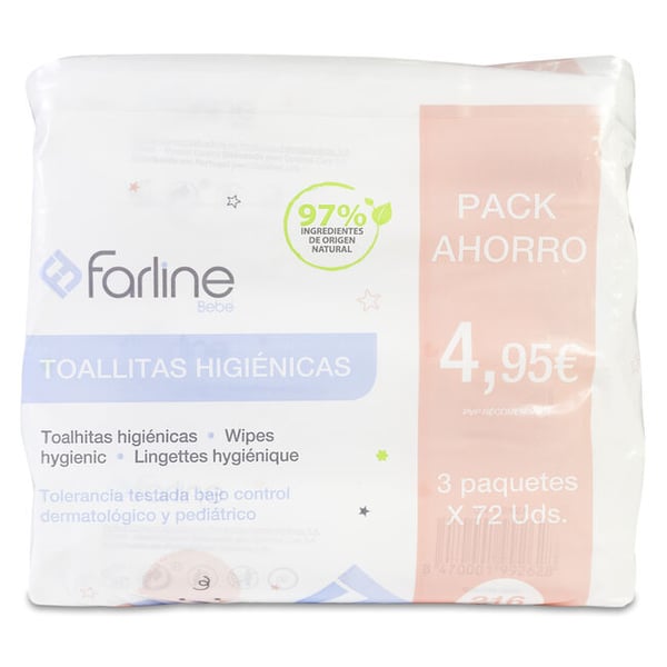 <mark>F</mark>arline Bebé Trio Toalhitas higiénicas 3 x 72 Unidade(s) Formato económico 4.95€